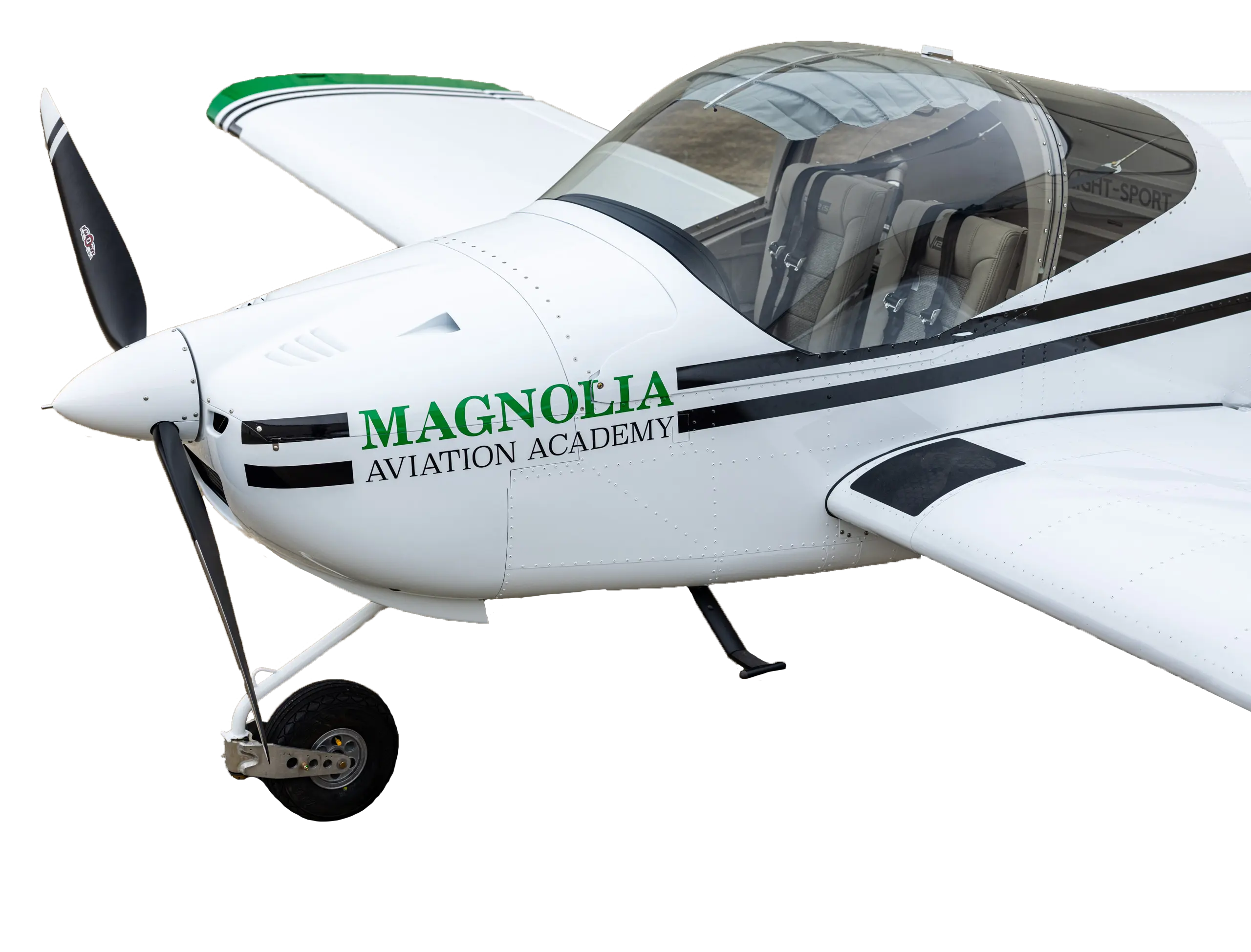 Magnolia Aviation Academy aircraft flying near a city skyline